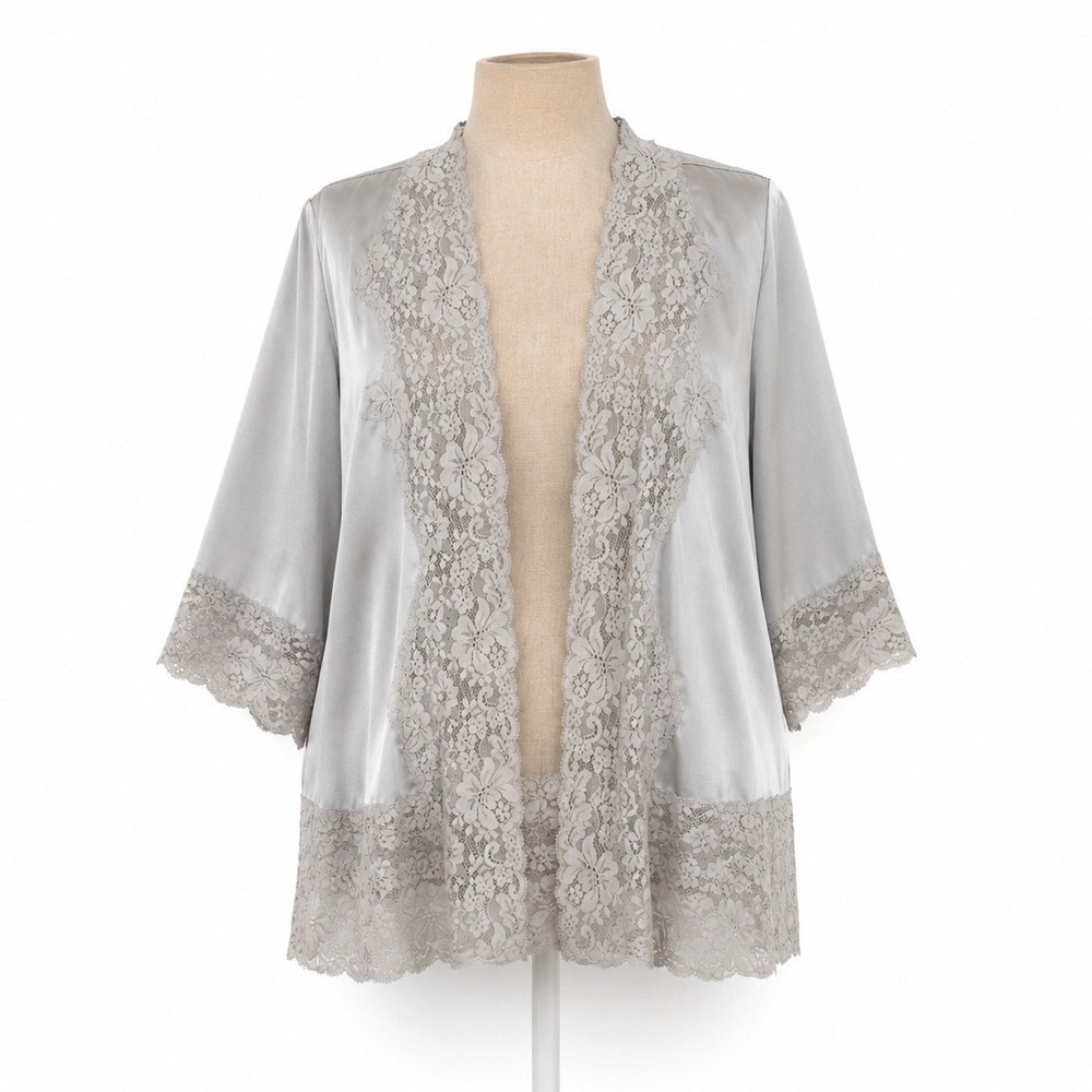 Y2K Express Silk Fairy Lace Open Shrug Cardigan Sz M Silver Satin Glam Statement